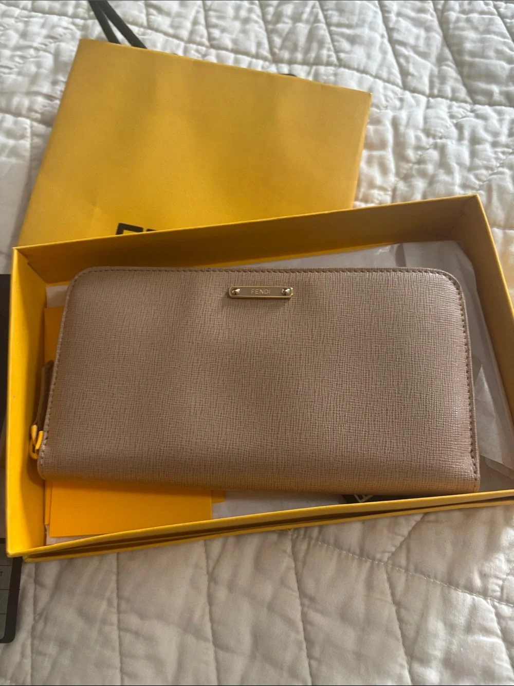 Fendi Taupe Zip-Around Leather Wallet with Gold Hardware